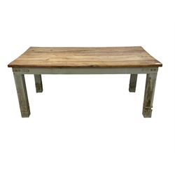 Painted hardwood farmhouse kitchen dining table, rectangular top on painted base, on square supports, bound with metal strappings 