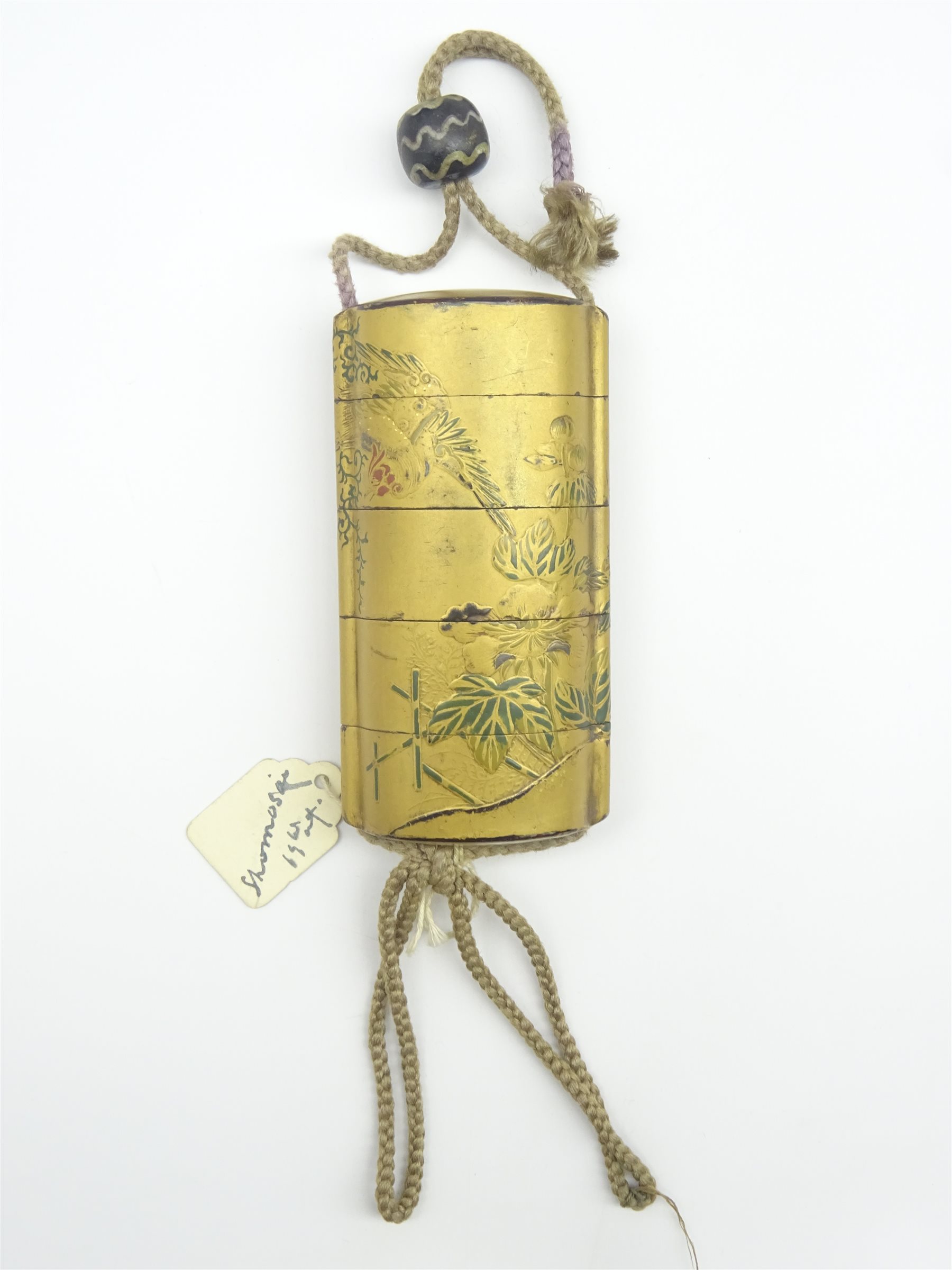 Japanese 19th Century Four Case Lacquer Inro With A Ho Ho Bird In Flight Above Flowers On A Gold