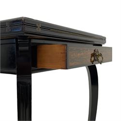 Late Victorian Coromandel wood and ebonised envelope card table, moulded swivel quadruple hinged top enclosing baize lined interior with sunken counter wells, fitted with single frieze drawer with Coromandel fascia and ornate cast handle, on four shaped and moulded supports terminating to square tapering feet, united by X-framed balustraded cross stretchers with reeded finial, on brass cups and castors 