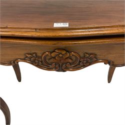 19th century French walnut card table, shaped and moulded fold-over top with inset, shaped frieze and uprights carved with flower heads, on cabriole supports