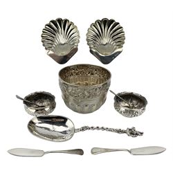 Late Victorian silver bowl with inscription and with floral and fluted decoration D9cm London 1896 Maker Ackroyd Rhodes, pair of silver shell shape butter dishes and knives London 1895, pair of silver salts and spoons and a Dutch silver spoon