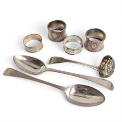 Pair of George III silver bright cut table spoons with engraved decoration London 1790 Maker George Gray , 19th century silver sifting spoon, pair of silver serviette rings and two others