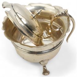 Large silver plated oval two handled galleried tray, W61.5cm, together with a silver plated serving dish and a silver mustard pot (a/f)