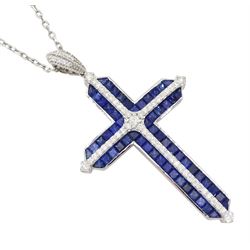 18ct white gold princess cut sapphire and round brilliant cut diamond cross pendant necklace, total sapphire weight approx 5.35 carat