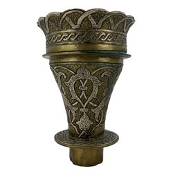 19th century Persian brass and white metal inlaid Hookah bowl, decorated with stylized fish and scrolling motifs, H11cm 