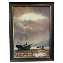 Royce Harmer (British 20th century): Beached Ship with Horse and Cart, oil on board signed and dated '84, 36cm x 25cm