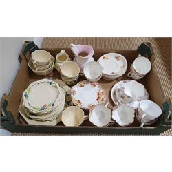 Collection of tea and dinner ware, including set of crescent & sons 'spring' design tea ware, Royal Adams Titian ware plates and two lidded tureens, novelty teapot etc, three boxes. 