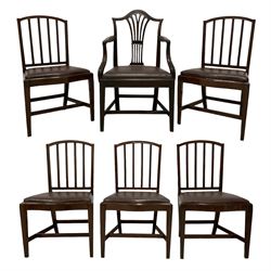 Set of five George III mahogany dining chairs, arched slat back, serpentine fronted drop-in seat upholstered in brown leather, on square moulded supports united by H-stretcher; early 19th century elbow chair, shaped moulded cresting rai lover pierced splat, upholstered drop in seat, on square tapering moulded supports (6)