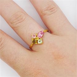 Silver-gilt pink and green tourmaline ring, stamped 925