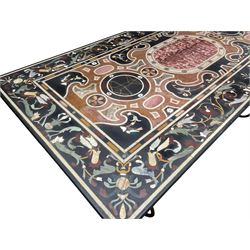 20th century Florentine design pietra dura specimen table, the rectangular top inlaid with a variety of stone and marble, central rouge marble medallion surrounded by scrolls, flowerheads and small bird motifs, the border decorated with scrolling foliage, raised upon a wrought metal base, scrolled end supports united by stretcher