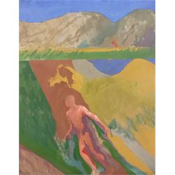 Michael Robert Buhler (British 1940-2009): 'Figure Moving Through Landscape, oil on canvas unsigned, John Moores Liverpool Exhibition 1963 label verso 127cm x 101cm