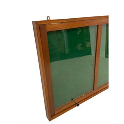 Late 20th century mahogany framed wall hanging display notice board, enclosed single door fitted with three glazed panels, green baize lined interior 