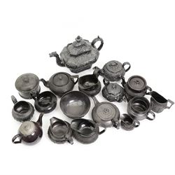 Early 19th century and later black basalt tea wares and similar stoneware, mostly with relief or engine-turned bodies, including a Verreville Pottery moulded teapot with Princess Royal backstamp, bachelors teapots, sugar bowls, jugs etc in one box