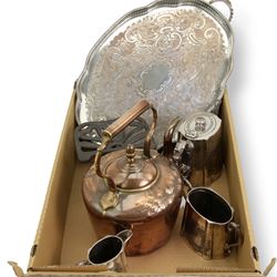 19th century copper kettle with later embossed decoration, trivet, silver-plated tray and tea wares etc