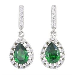 Pair of silver green stone and cubic zirconia pendant stud earrings, stamped 925