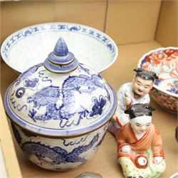 Oriental hexagonal vase and cover, H31cm, Chinese blue and white bowl and cover, Imari bowl, Chinese figures etc 