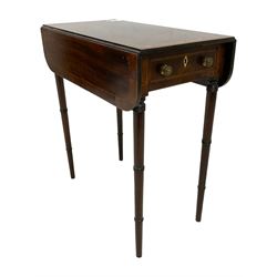 Small Regency mahogany Pembroke table, rectangular top with rounded corners and crossbanding, fitted with single drawer and opposing false drawer with bone escutcheons, raised on ring turned supports