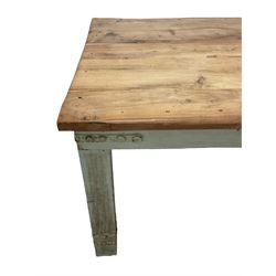 Painted hardwood farmhouse kitchen dining table, rectangular top on painted base, on square supports, bound with metal strappings 