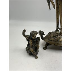 Early 20th century Japanese bronze figure or Okimono, modelled as a crane standing atop a turtle shell, possibly a candle holder, H25cm together with a small bronze figure modelled as a seated Cherub, H7cm (2)