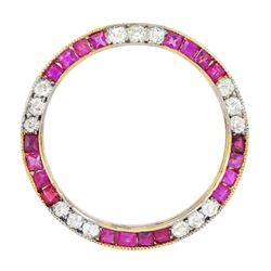 Early 20th century milgrain set, calibre cut ruby, pink stone and old cut diamond circular brooch, total diamond weight approx 0.45 carat