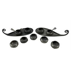 Nine French Art Nouveau pewter open salts, three salt spoons and two naturalistic leaf-shaped trays, by Alice & Eugene Chanal, tray L16cm 