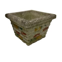 Pair of cast stone rusticated garden planters of tapering square form (38cm x 38cm, H26cm); and a similar larger planter (41cm x 41cm, H38cm)