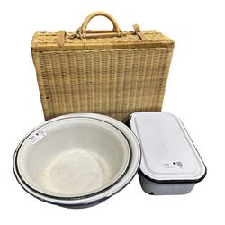 Vintage wicker picnic hamper with bamboo handle, together with two vintage white enamel wash bowls and box & cover