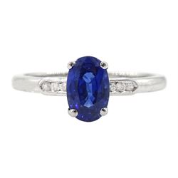 18ct white gold oval cut sapphire ring, with diamond set shoulders, hallmarked, sapphire approx 1.20 carat