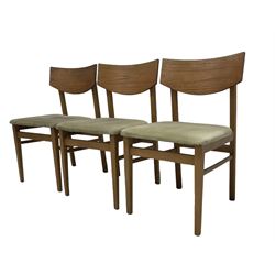 Mid-20th century teak extending dining table (H74cm, 98cm - 148cm x 76cm); and set three mid-20th century teak dining chairs