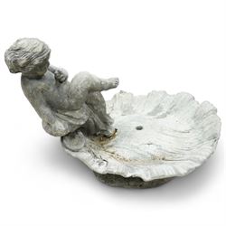 Early 20th century lead bird bath fountain, shell shaped bath with mounted cherub