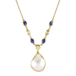 18ct gold mabe pearl, round brilliant cut diamond and oval cabochon sapphire pendant necklace, mabe pearl suspended from a chain necklace set with a single diamond and alternating sapphire and pearl links, hallmarked London 1988