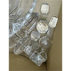 Large collection of cut glass and other glass including a heavy cut glass jug and glass set, cut with a pineapple design, liquor glasses, vases, jugs, bowls etc in three boxes