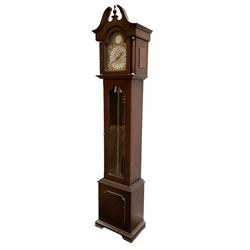 20th century - 8-day Mahogany longcase clock, with a swans necked pediment and break arch hood door beneath,  glazed door with visible brass cased weights and pendulum, on a rectangular plinth with a raised panel and bracket feet, brass dial with a silvered dial centre and chapter ring, chain driven three train movement chiming the quarters and hours on gong rods. With weights and pendulum.  