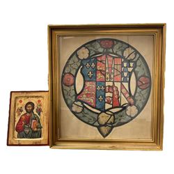 20th century oil and gilt Russian icon depicting Christ Pantocrator and  a19th/20th century watercolour of a stained glass window with Heraldic crest (2)