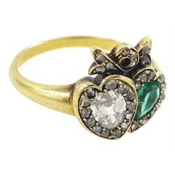 Victorian 18ct gold old pear cut diamond and pear cut emerald double heart ring, with rose cut diamond surround and ribbon bow, emerald approx 0.20 carat, pear cut diamond weight approx 0.25 carat