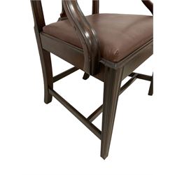 Set of five George III mahogany dining chairs, arched slat back, serpentine fronted drop-in seat upholstered in brown leather, on square moulded supports united by H-stretcher; early 19th century elbow chair, shaped moulded cresting rai lover pierced splat, upholstered drop in seat, on square tapering moulded supports (6)