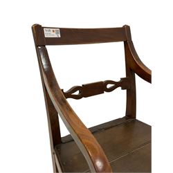 George III elm elbow chair, shaped pierced centre rail, two plank solid seat, raised on square supports with inner chamfer united by stretchers (W56cm H87); George III beech elbow chair, carved shaped centre rail flanked by reeded uprights, olive green upholstered seat (W53cm H84cm)