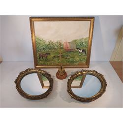 Acrylic of a Gypsy Caravan with Horses, Two Gilt Framed Mirror, Etc