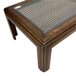 Hardwood framed coffee table, rectangular form with cane top and inset glass, on moulded supports 