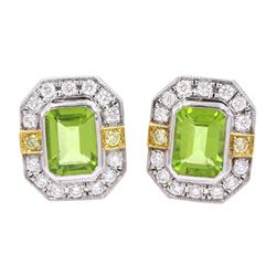 Pair of 18ct white and yellow gold emerald cut peridot and milgrain set round brilliant cut diamond stud earrings, total peridot weight 3.11 carat, total diamond weight 0.70 carat, with World Gemological Institute report