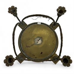 Pair of early 20th century brass plafonniers or ceiling lights, each of circular form with four sconces, joined by four leafy swags, lacking glass shades, W41cm x H28cm approx. (2)