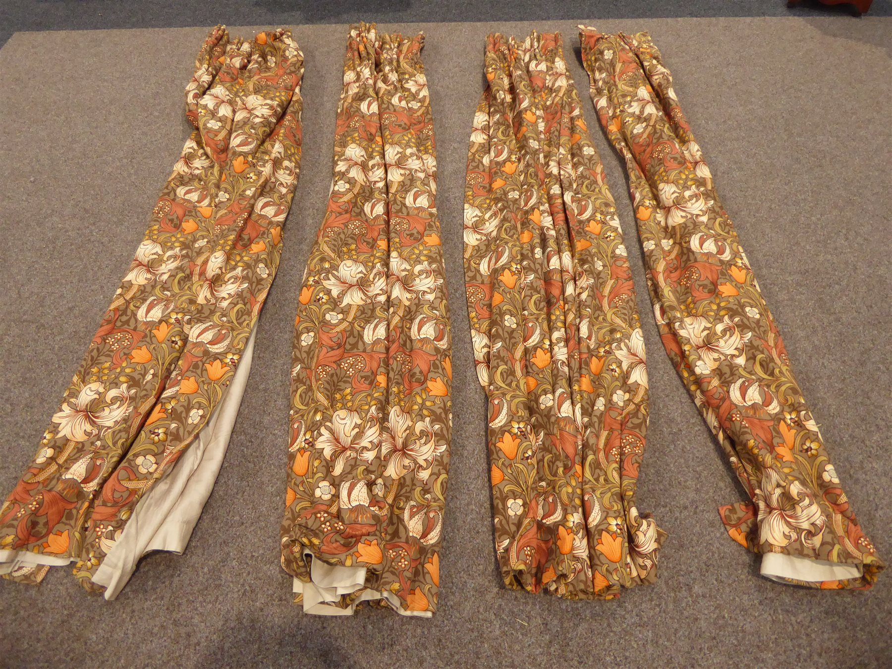 Two pairs of Morris & Co, Sanderson 'Golden Lily' fabric curtains, pleated with thermal lining 