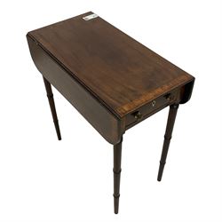 Small Regency mahogany Pembroke table, rectangular top with rounded corners and crossbanding, fitted with single drawer and opposing false drawer with bone escutcheons, raised on ring turned supports