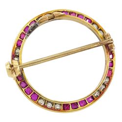 Early 20th century milgrain set, calibre cut ruby, pink stone and old cut diamond circular brooch, total diamond weight approx 0.45 carat