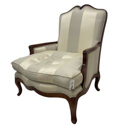 Duresta - French design hardwood-framed wide-seat armchair, shaped cresting rail over curved arms, upholstered in two-tone off-white striped fabric with loose seat cushion, shaped apron and cabriole feet 