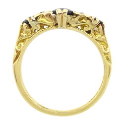 18ct gold three stone oval cut sapphire and four stone round brilliant cut diamond ring, stamped