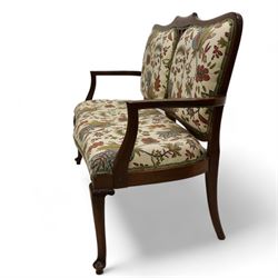 Edwardian mahogany framed two seat settee, upholstered in cream foliate fabric