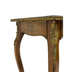 In the manner of Émile Gallé - late 19th to early 20th century inlaid walnut side table, rectangular top inlaid with Japonisme decoration depicting birds within trees, figured crossbanding and cast gilt foliate applied edge, single frieze drawer inlaid with scrolling brass work, on cabriole supports with ornate floral mounts