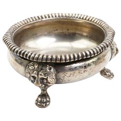 Pair of early 20th century silver salts, cauldron form with gadrooned borders, upon three lion mask and paw feet Birmingham 1917 Maker Wilson & Gill, 