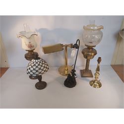 Two Oil Lamps, Brass Desk Lamp and Three Lamps